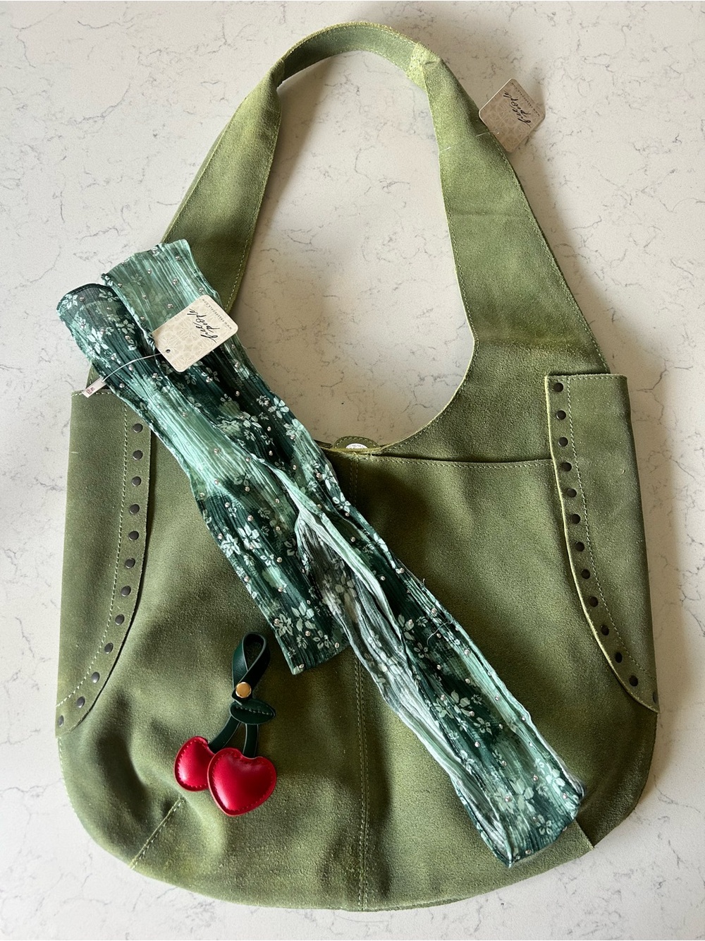 NWT Free People Matcha Rori Suede Tote  w/ FP Ultra Skinny Scarf & Cherry Charm - Picture 13 of 16